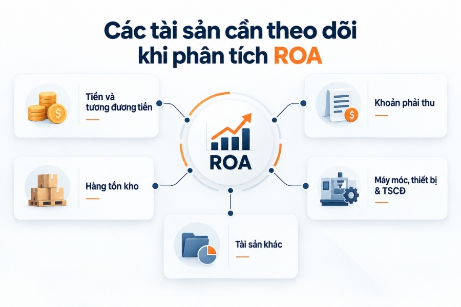 Infographic sơ đồ 5 nhóm tài sản doanh nghiệp cần theo dõi khi phân tích chỉ số ROA