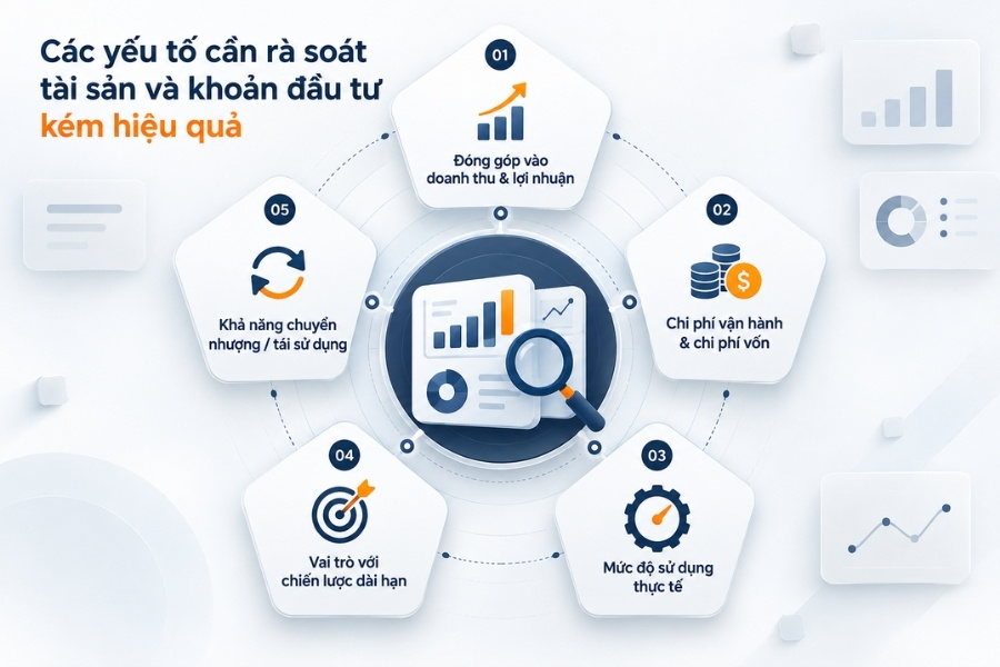 Infographic sơ đồ 5 yếu tố rà soát tài sản và khoản đầu tư kém hiệu quả trong quản trị tài chính