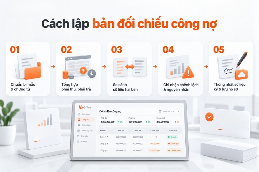 Infographic quy trình 5 bước chi tiết hướng dẫn cách lập biên bản đối chiếu công nợ chuẩn kế toán