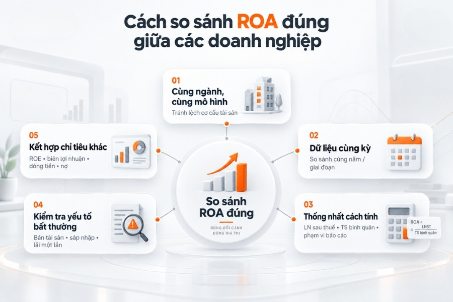 Infographic hướng dẫn 5 nguyên tắc so sánh chỉ số ROA đúng cách giữa các doanh nghiệp