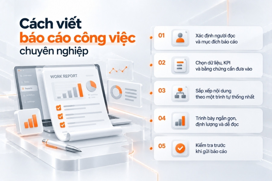 Infographic sơ đồ 5 bước hướng dẫn cách viết báo cáo công việc chuyên nghiệp và hiệu quả