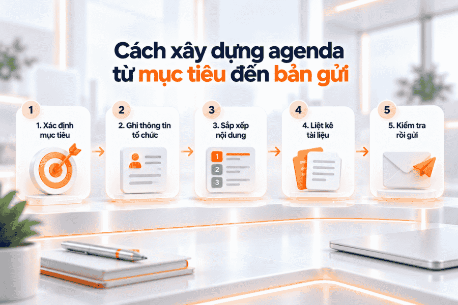 Quy trình xây dựng agenda gồm xác định mục tiêu, bổ sung thông tin tổ chức, sắp xếp nội dung, chuẩn bị tài liệu và kiểm tra trước khi gửi.