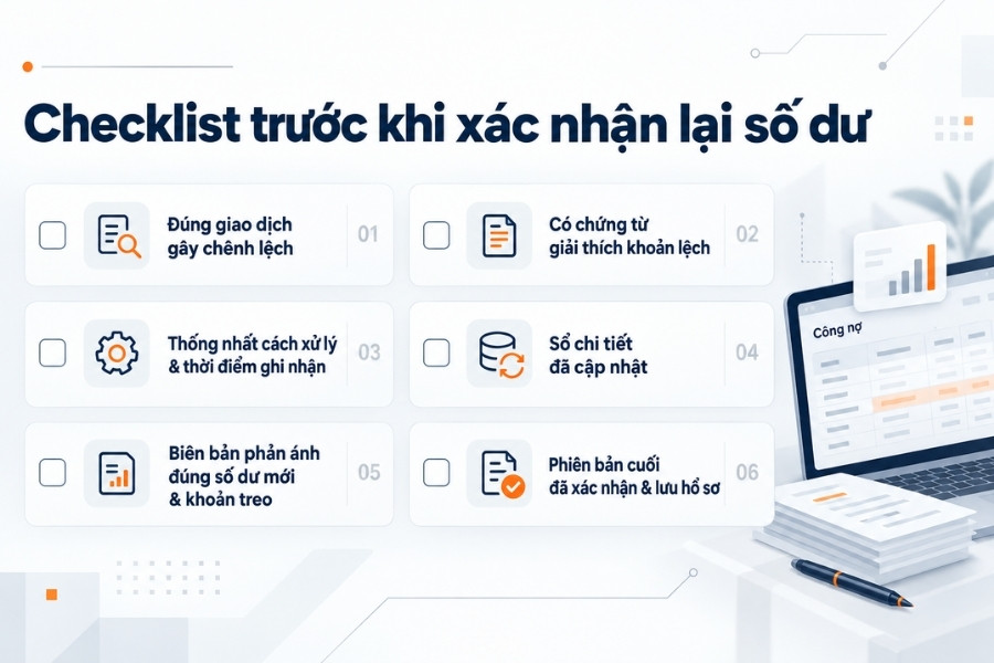 Infographic checklist 6 bước kiềm tra trước khi xác nhận lại số dư công nợ từ 1Office.