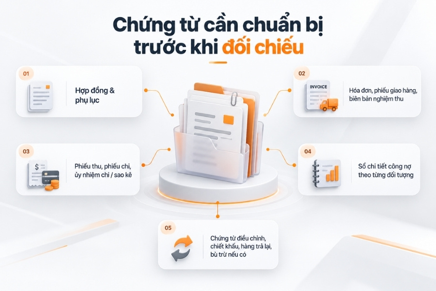 Infographic danh sách 5 nhóm chứng từ bắt buộc cần chuẩn bị trước khi đối chiếu công nợ
