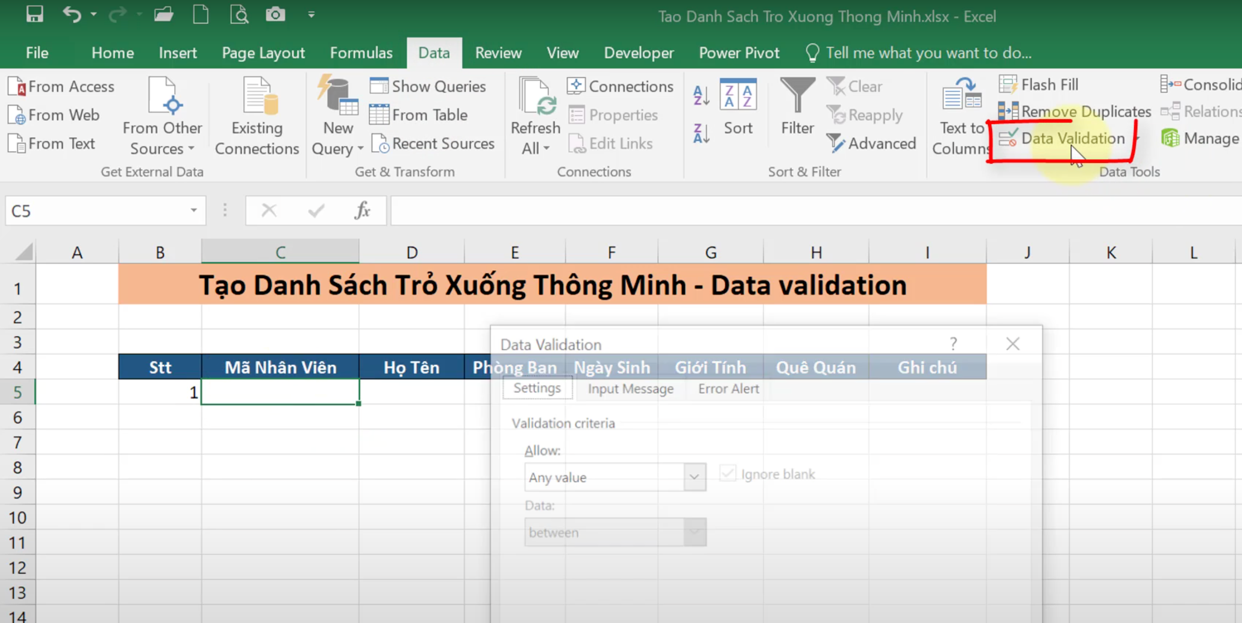Sử dụng Data Validation để hạn chế nhập sai dữ liệu