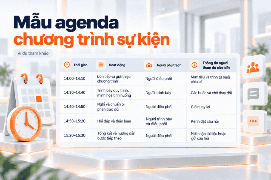 Ví dụ agenda chương trình sự kiện 90 phút gồm đón tiếp, trình bày, nghỉ giải lao, hỏi đáp và tổng kết.