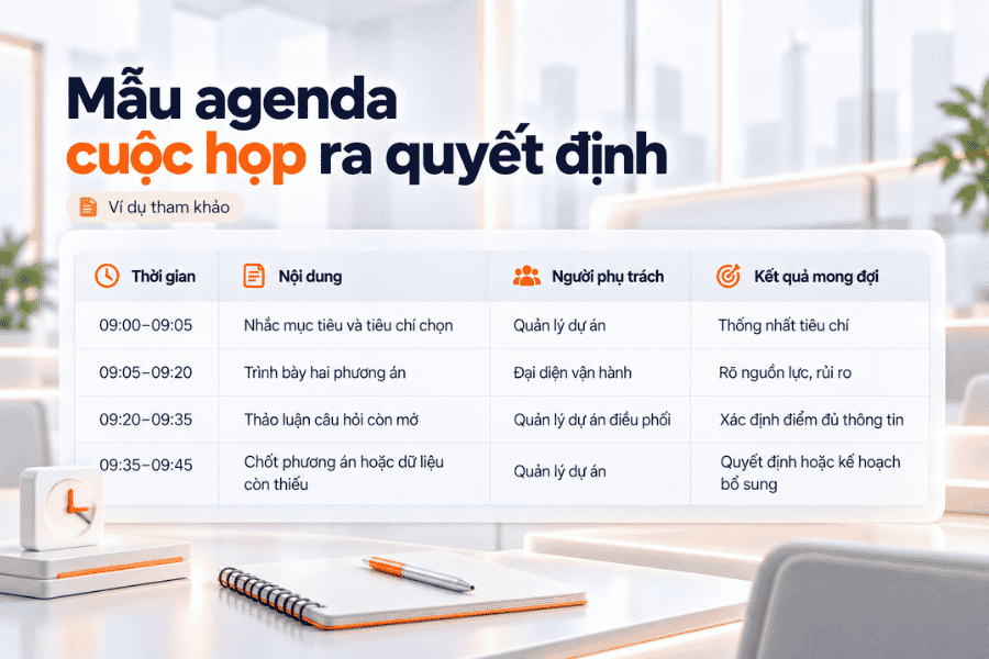 Ví dụ agenda cuộc họp 45 phút để xem xét phương án, thảo luận dữ liệu và xác định kết quả cần đạt.