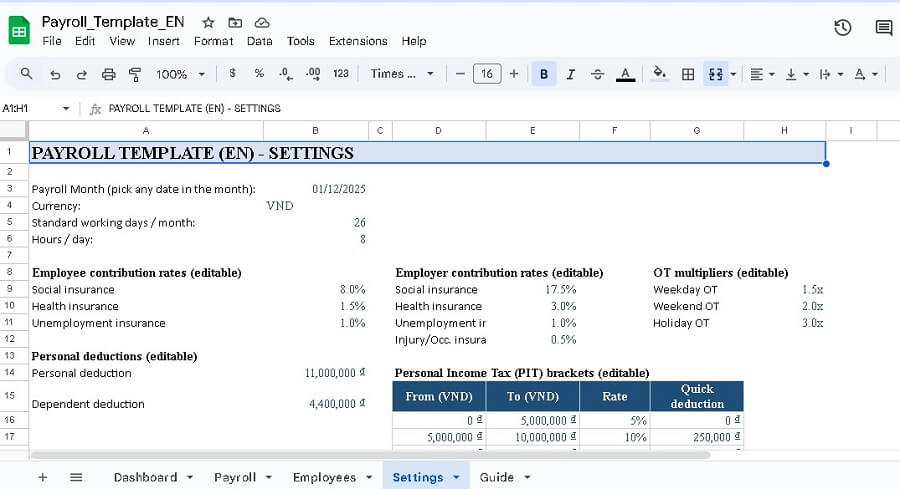 Mẫu bảng lương bằng tiếng anh excel