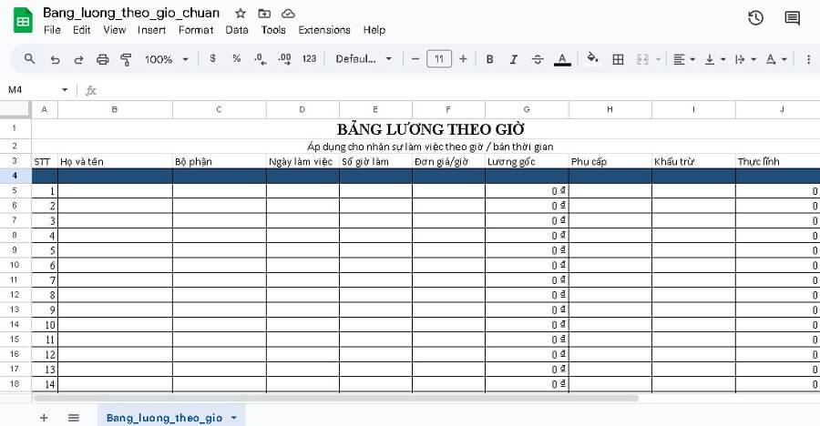 Mẫu bảng lương theo giờ excel