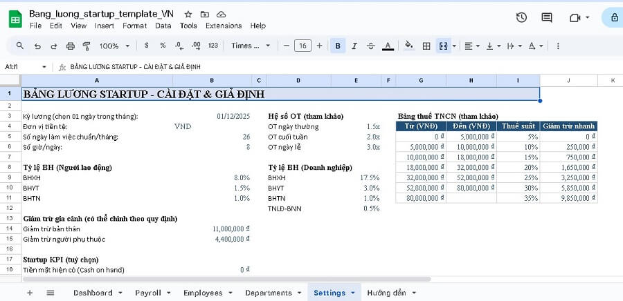 Mẫu bảng lương startup excel