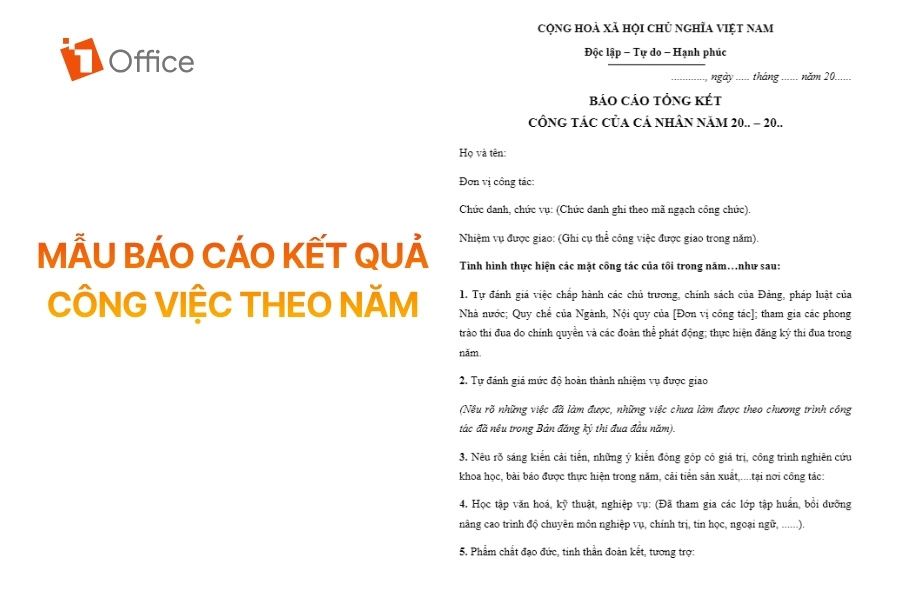 Ảnh mẫu "Báo cáo tổng kết công tác của cá nhân năm" dạng văn bản hành chính, gồm thông tin cá nhân và các mục tự đánh giá nhiệm vụ, sáng kiến, phẩm chất trong năm.