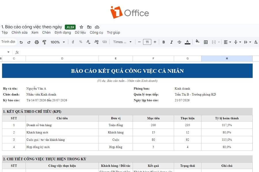 Hình ảnh mẫu "Báo cáo kết quả công việc cá nhân" bao gồm thông tin nhân viên, bảng đánh giá chỉ tiêu KPI và danh sách chi tiết công việc thực hiện.