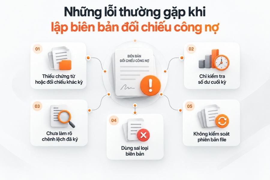 Infographic tổng hợp 5 sai lầm thường gặp khi lập biên bản đối chiếu công nợ và cách khắc phục từ 1Office.