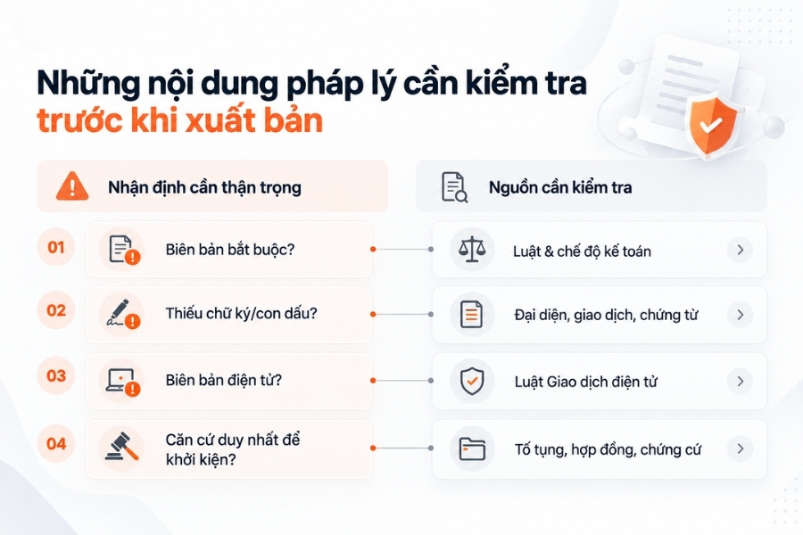 Infographic sơ đồ 4 nội dung pháp lý cần kiểm tra trước khi xuất bản biên bản đối chiếu công nợ từ 1Office.