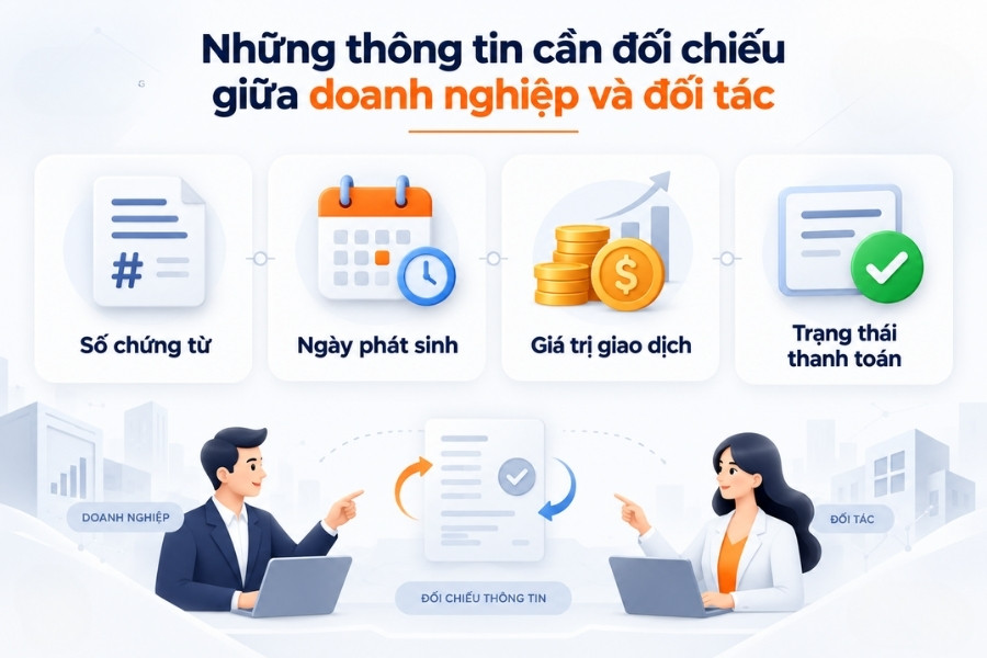 Infographic sơ đồ 4 nhóm thông tin cần đối chiếu giữa doanh nghiệp và đối tác