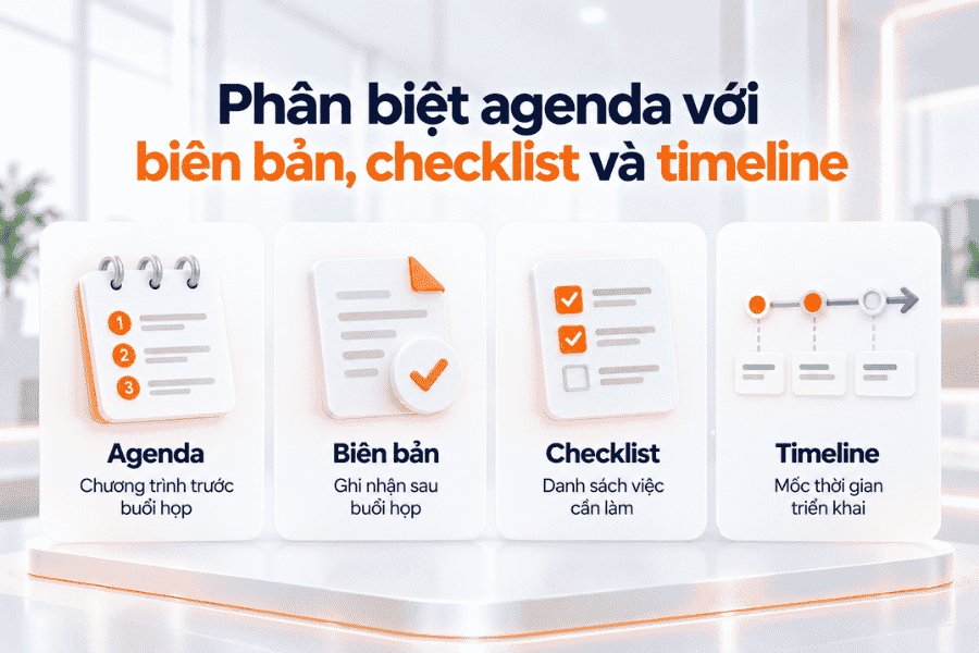 Agenda được lập trước chương trình, biên bản ghi lại kết quả thực tế, còn timeline tập trung vào các mốc triển khai theo thời gian.