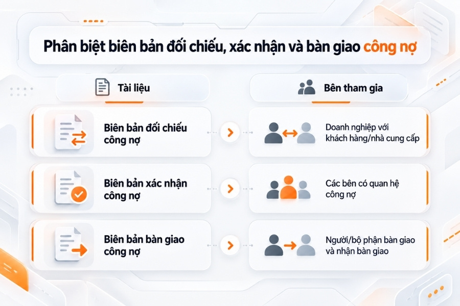 Infographic phân biệt 3 loại văn bản gồm biên bản đối chiếu, xác nhận và bàn giao công nợ theo bên tham gia