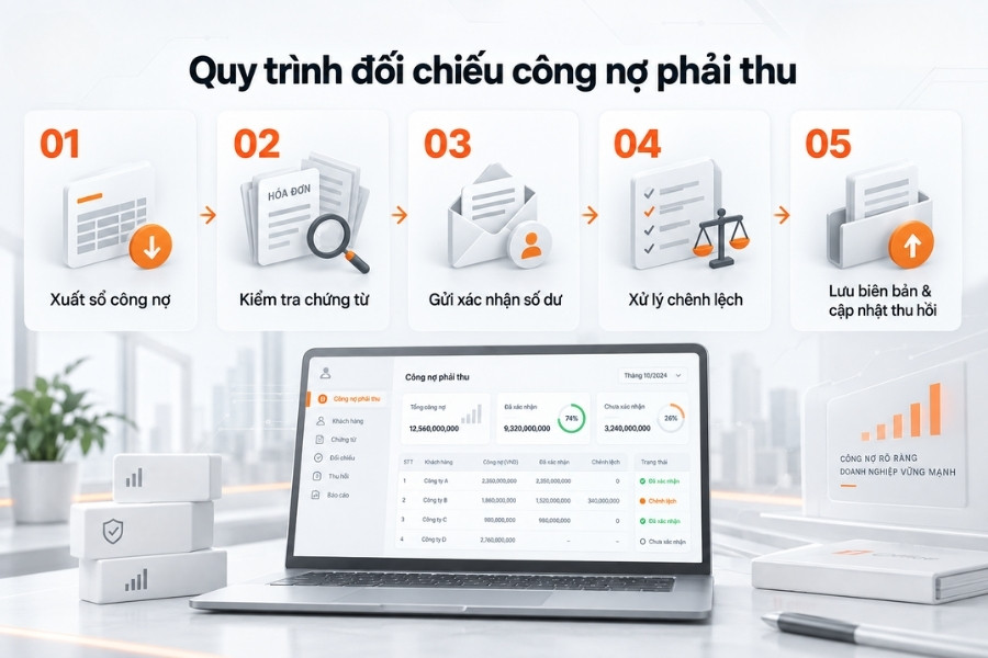 Infographic sơ đồ 5 bước quy trình đối chiếu công nợ phải thu tối ưu hiệu quả thu hồi nợ
