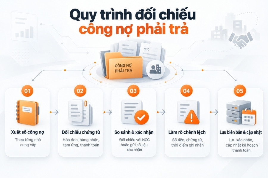 Infographic sơ đồ 5 bước quy trình đối chiếu công nợ phải trả