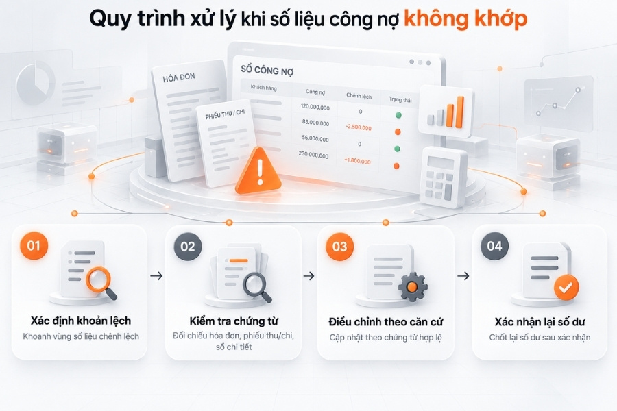 Infographic quy trình 4 bước xử lý chuyên nghiệp khi số liệu công nợ không khớp từ 1Office.