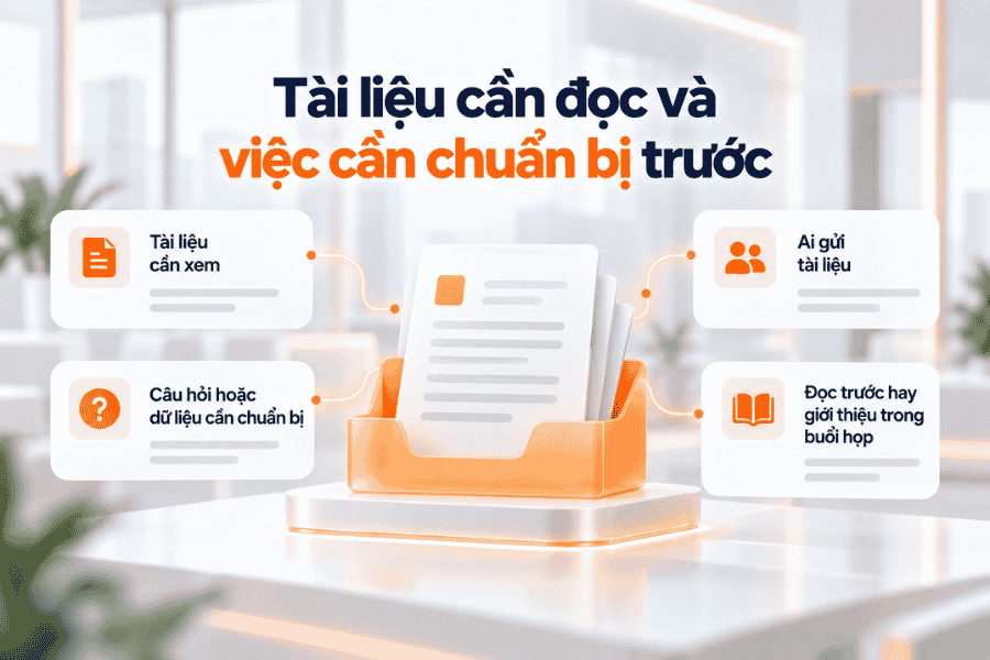 Agenda nên ghi rõ tài liệu cần đọc, người gửi tài liệu và những câu hỏi hoặc dữ liệu người tham dự cần chuẩn bị trước.