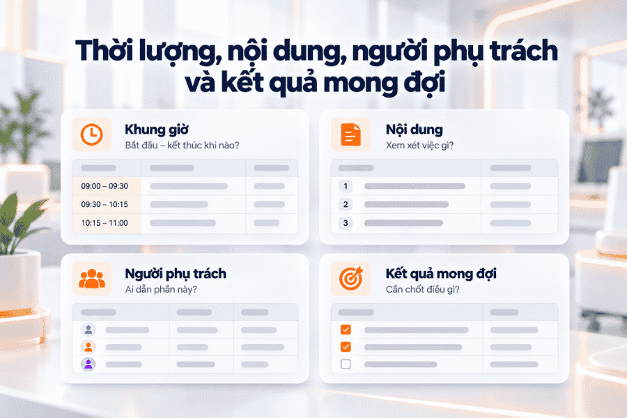 Mỗi mục trong agenda nên làm rõ khung giờ, nội dung, người phụ trách và kết quả mong đợi.