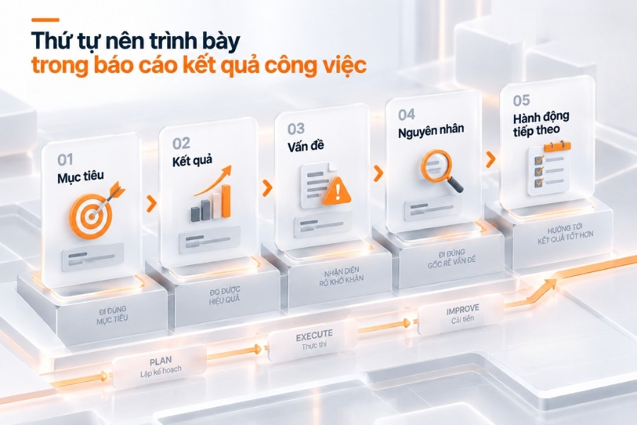 Infographic sơ đồ 5 bước về thứ tự trình bày logic trong báo cáo kết quả công việc