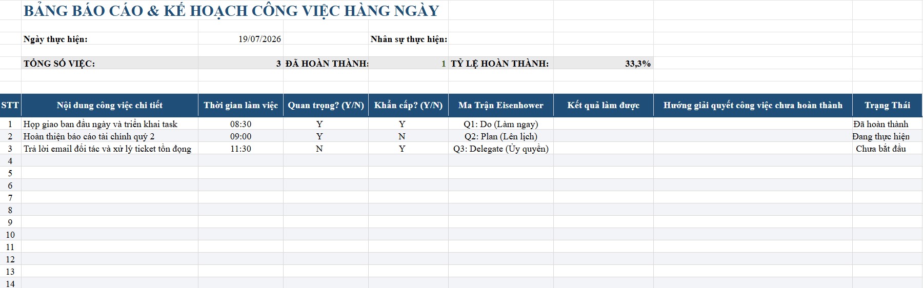 Mẫu kế hoạch công việc hàng ngày bằng Excel
