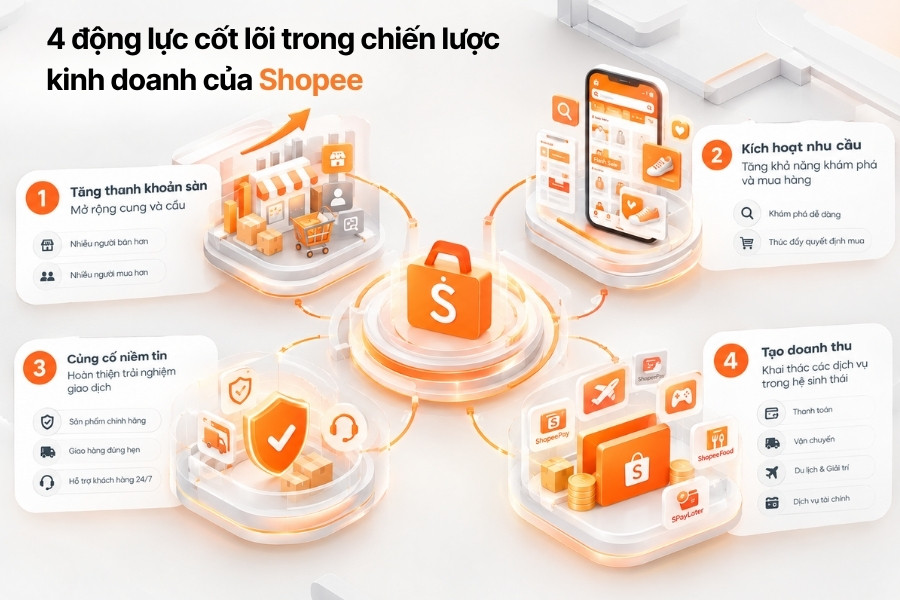 Infographic 4 động lực cốt lõi trong chiến lược kinh doanh của Shopee từ 1Office.