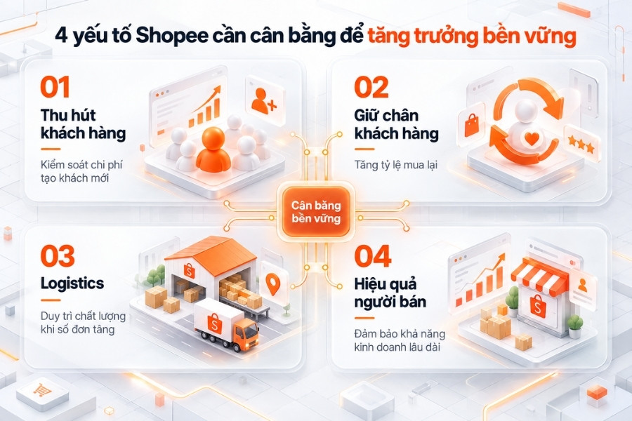 Infographic 4 yếu tố Shopee cần cân bằng để tăng trưởng bền vững từ 1Office.