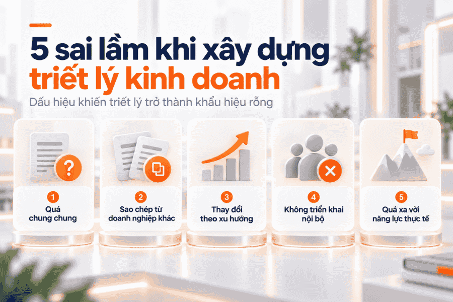 Tổng hợp năm sai lầm thường gặp khiến triết lý kinh doanh khó áp dụng trong thực tế.