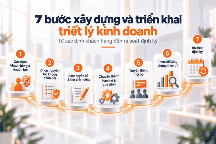 Quy trình bảy bước từ xác định khách hàng, nguồn lực đến triển khai và rà soát nguyên tắc.