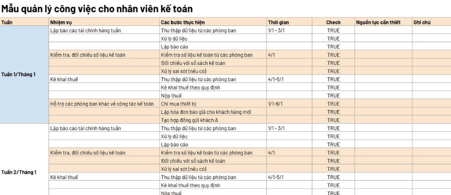 Mẫu quản lý công việc Kế toán