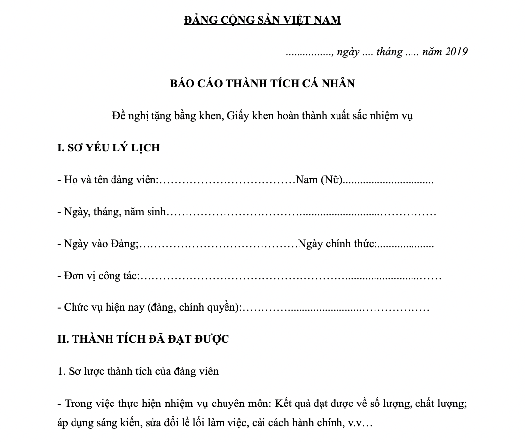 Mẫu báo cáo thành tích cá nhân cho Đảng viên