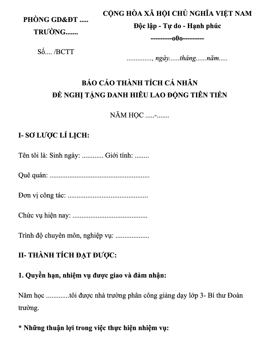 Mẫu báo cáo thành tích cá nhân cho giáo viên
