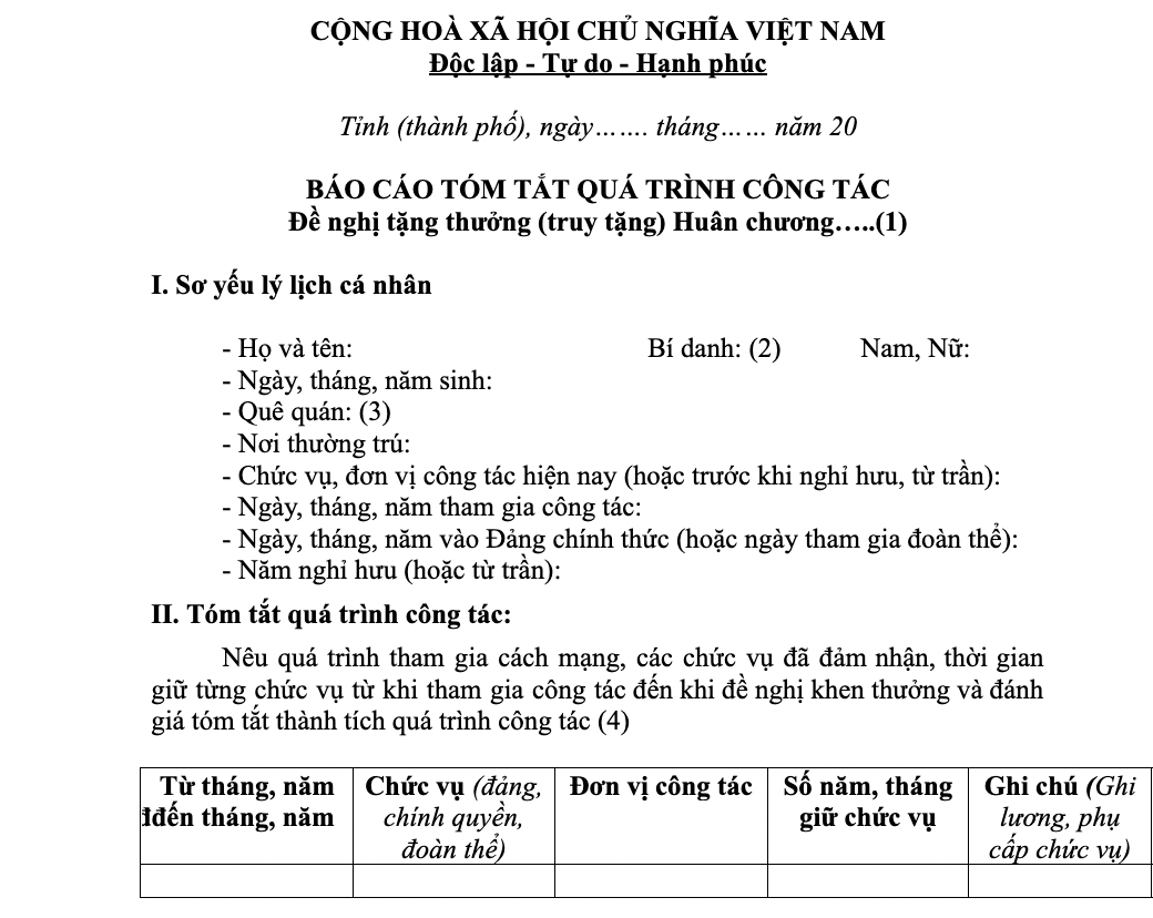 Mẫu báo cáo thành tích đề nghị trao/truy tặng huy chương