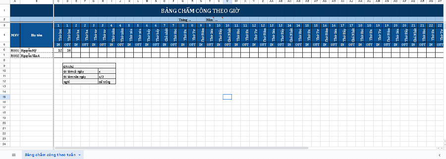Mẫu bẳng chấm công theo giờ