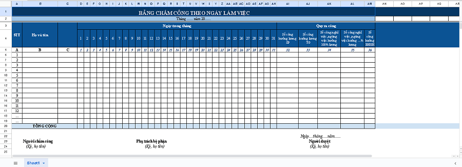 Mẫu bảng chấm công theo ngày