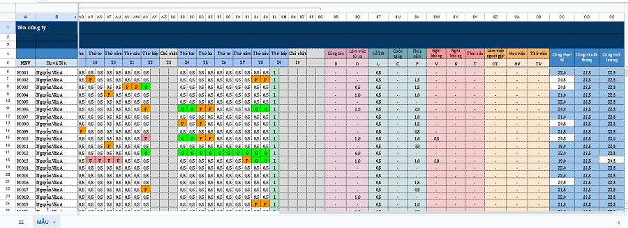 Mẫu bảng chấm công tổng hợp
