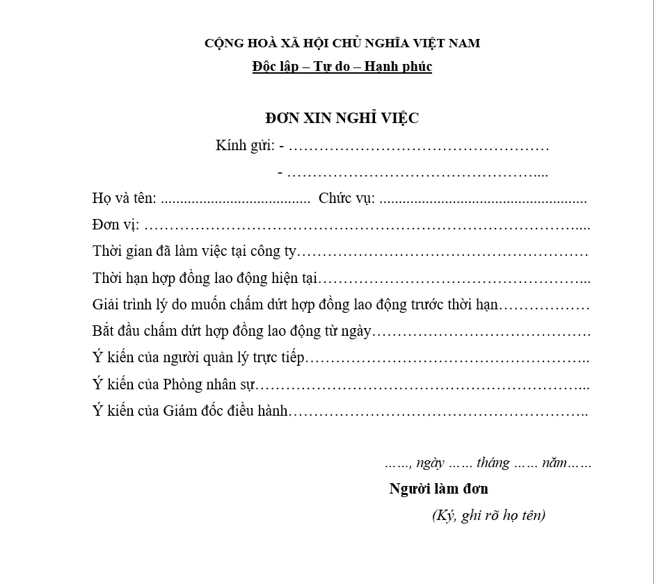 Mẫu đơn xin nghỉ việc cơ bản file Word