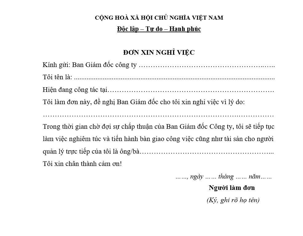 Mẫu đơn xin nghỉ việc tự do file Word