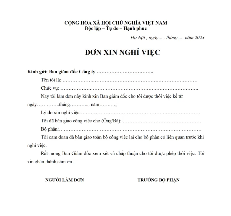 Mẫu đơn xin nghỉ việc ngay file Word