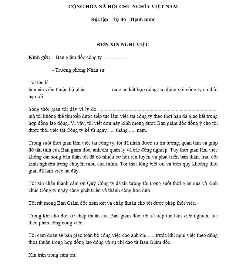 Mẫu đơn xin nghỉ việc có lời cảm ơn và đề xuất bàn giao file Word