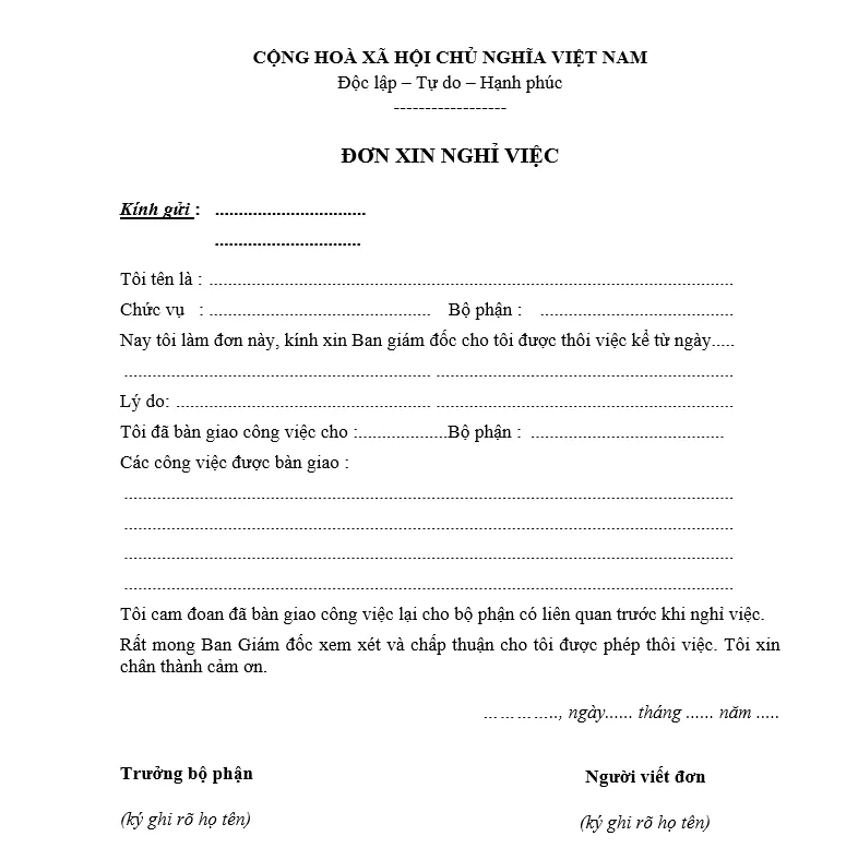 Mẫu đơn xin nghỉ việc kèm bàn giao đầy đủ file Word