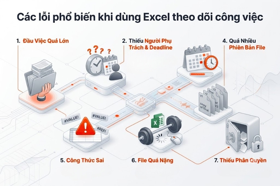 Infographic tổng hợp 7 lỗi phổ biến khi dùng Excel theo dõi công việc trong quản trị doanh nghiệp
