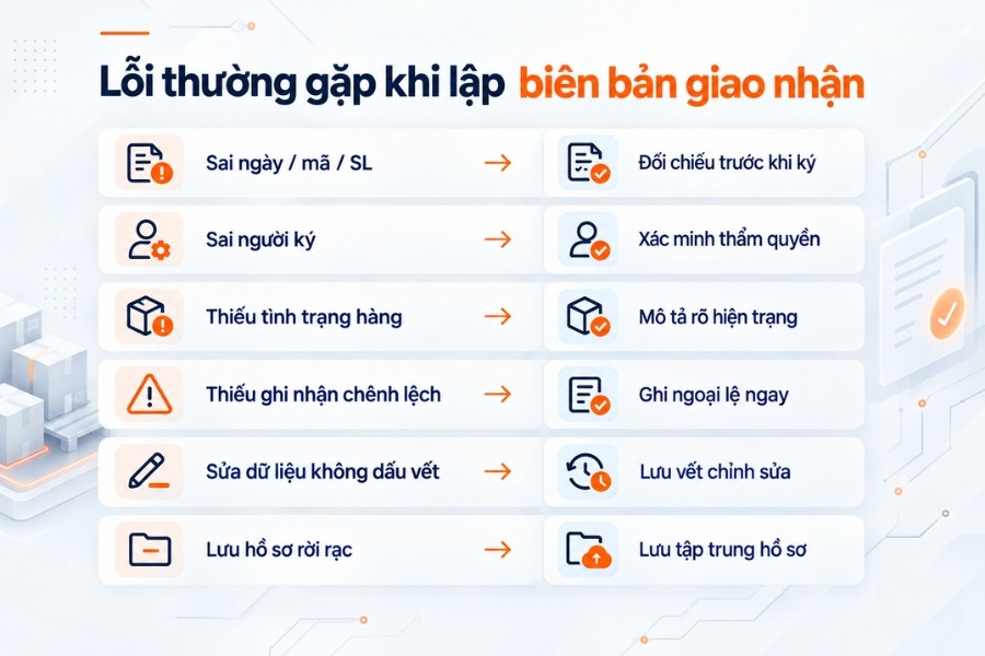 Infographic tổng hợp 6 lỗi thường gặp khi lập biên bản giao nhận hàng hóa và giải pháp xử lý từ 1Office.