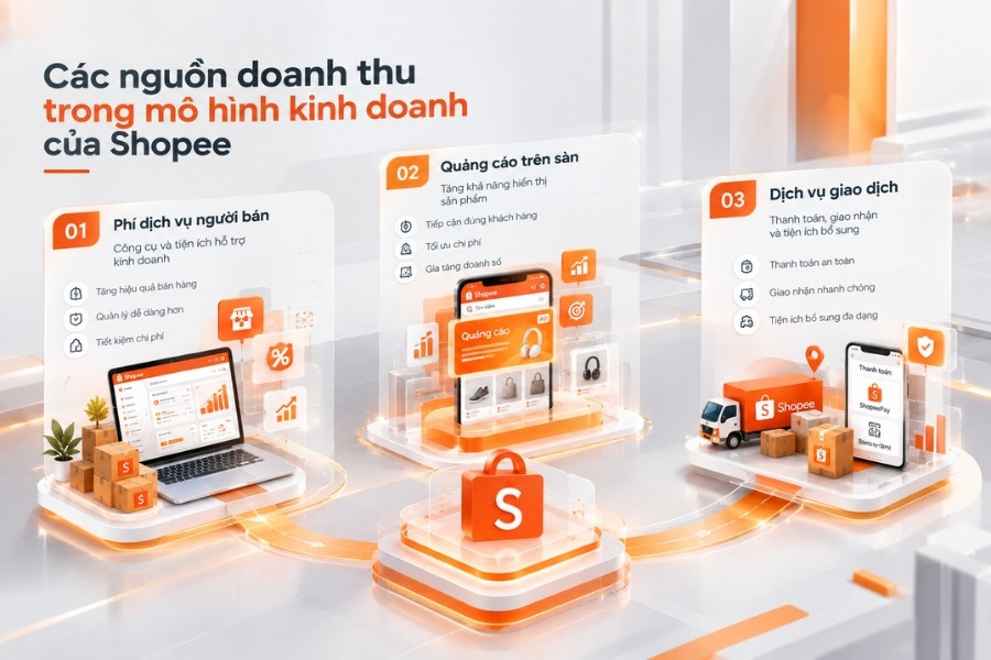 Infographic Các nguồn doanh thu trong mô hình kinh doanh của Shopee từ 1Office.