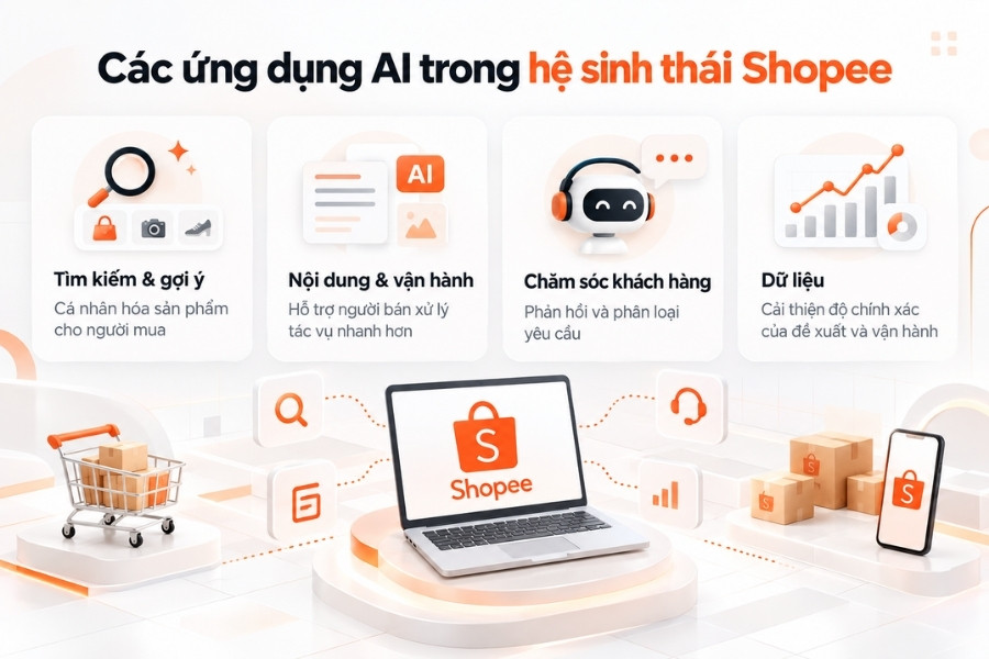 Infographic Các ứng dụng AI trong hệ sinh thái Shopee từ 1Office.