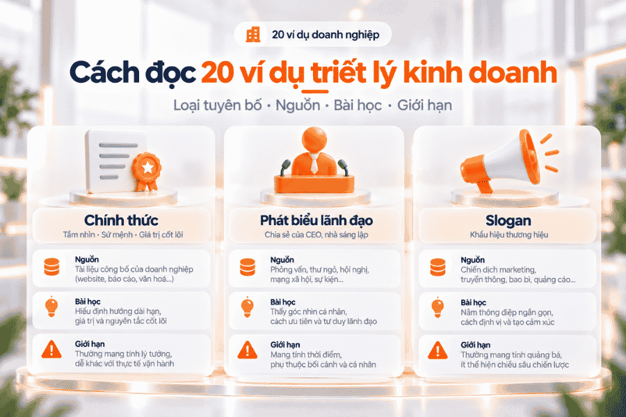 Cách phân biệt tuyên bố chính thức, phát biểu lãnh đạo và slogan khi tham khảo ví dụ doanh nghiệp.