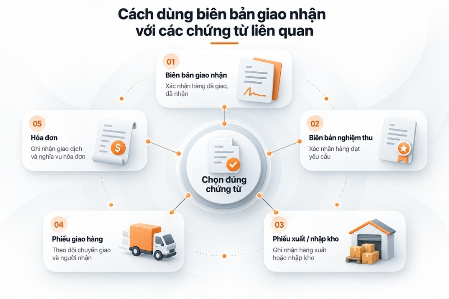 Infographic phân biệt cách dùng biên bản giao nhận với 4 loại chứng từ liên quan từ 1Office.